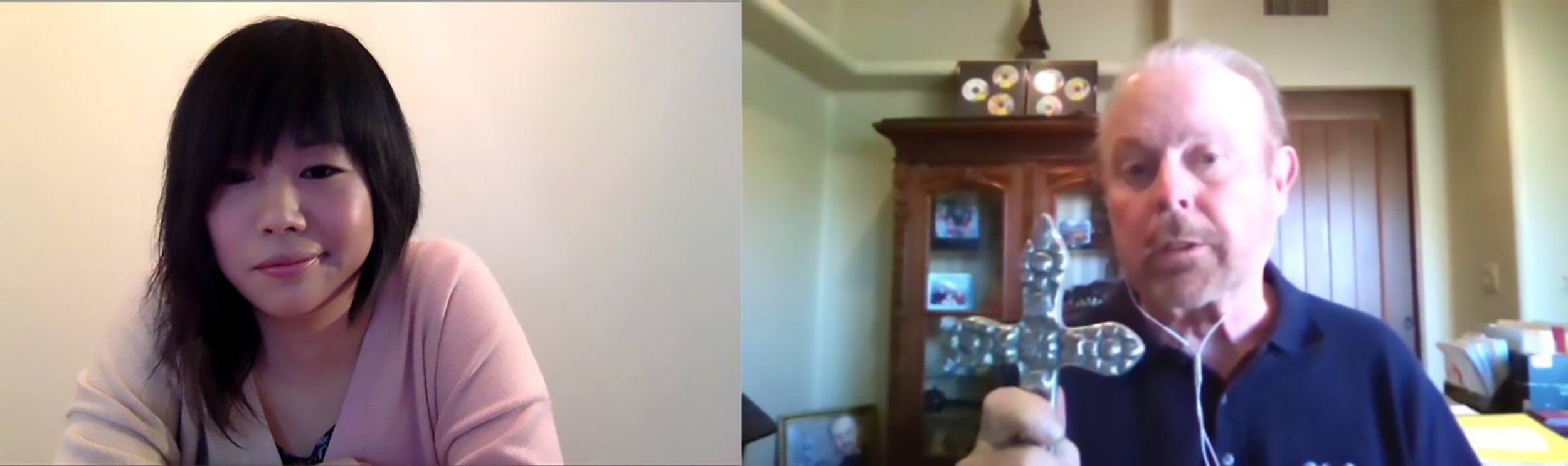 Split-screen video call showing Alisa Yang on the left and an older man holding a metal cross toward his camera on the right.