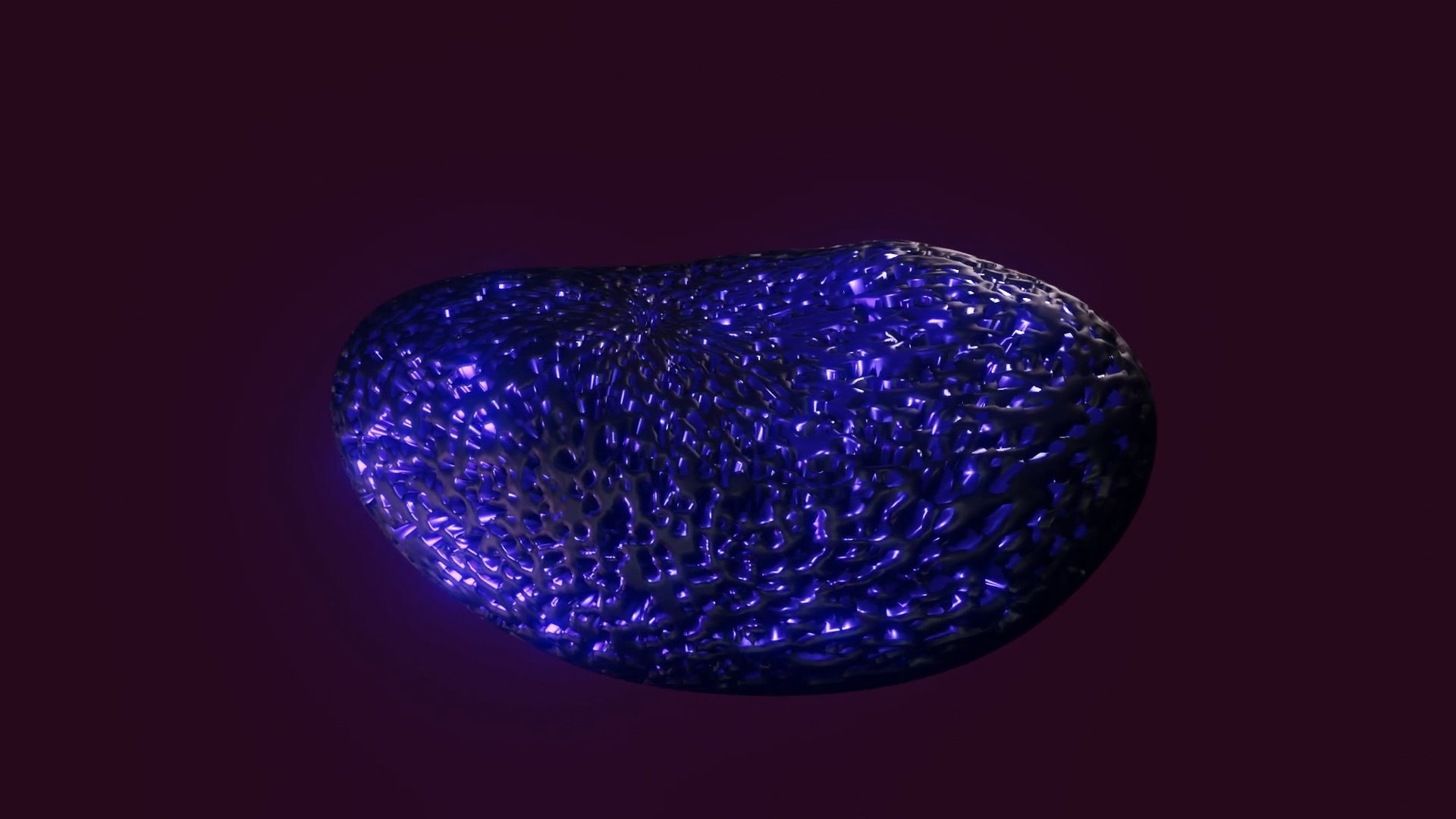 Glowing blue and violet porous organic form floating against a dark burgundy background.