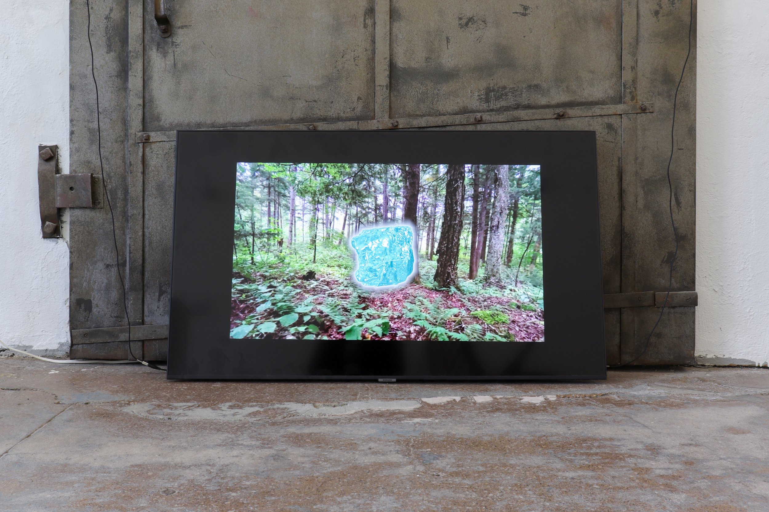 Video monitor resting on the floor in front of a large industrial metal door, displaying a forest scene with a glowing blue digitally distorted form.