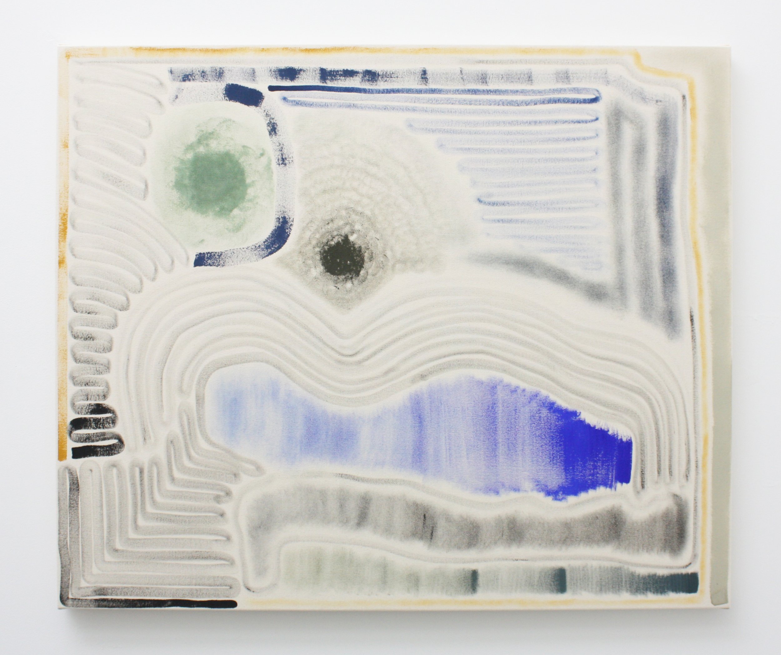 Abstract painting on a pale ground with repeated wavy grooves, dark blue and gray lines, green and black circular forms, and a large blue brushstroke.