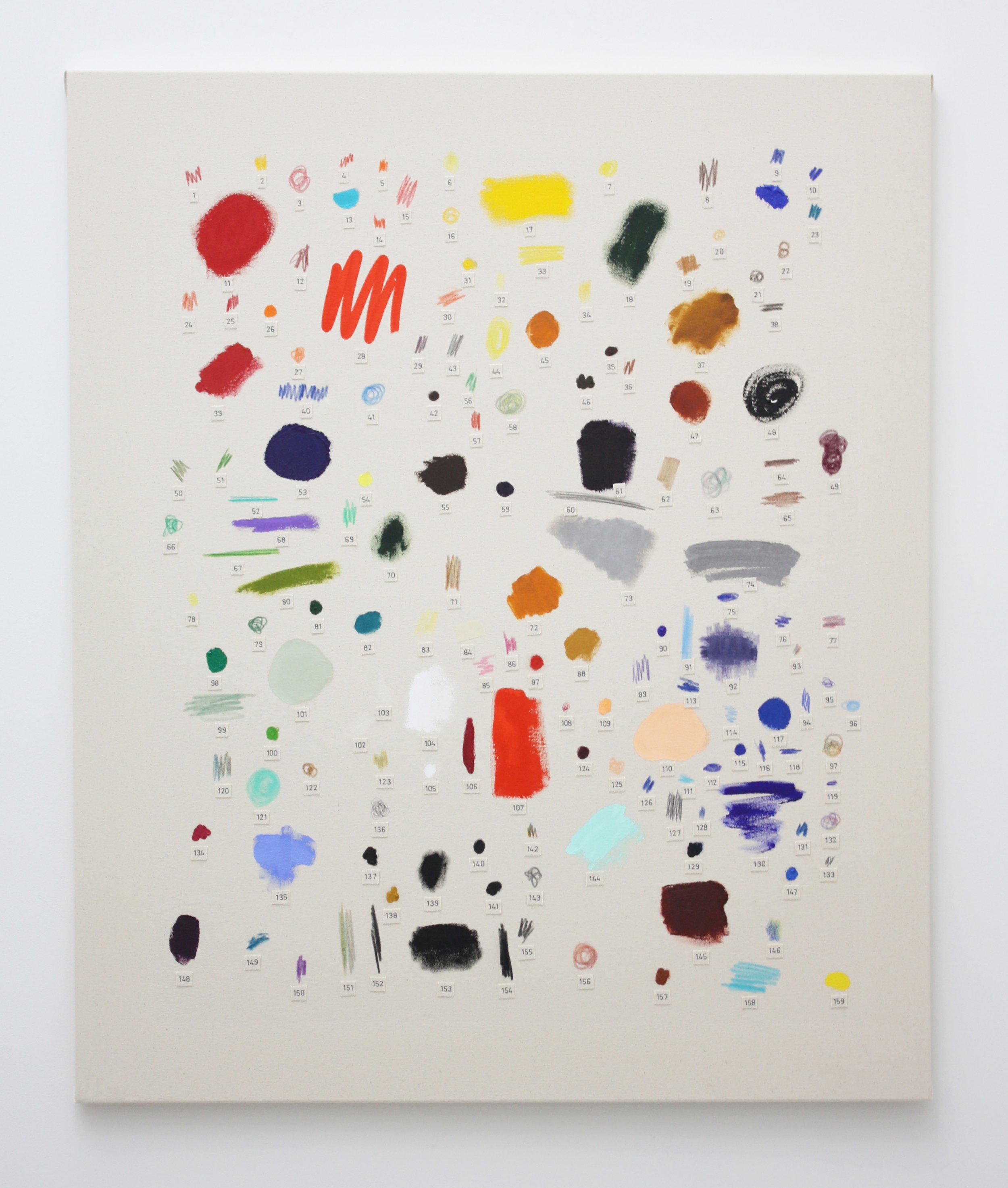 White canvas filled with individually numbered painted marks and color swatches in red, yellow, blue, green, black, gray, orange, and pastel tones.