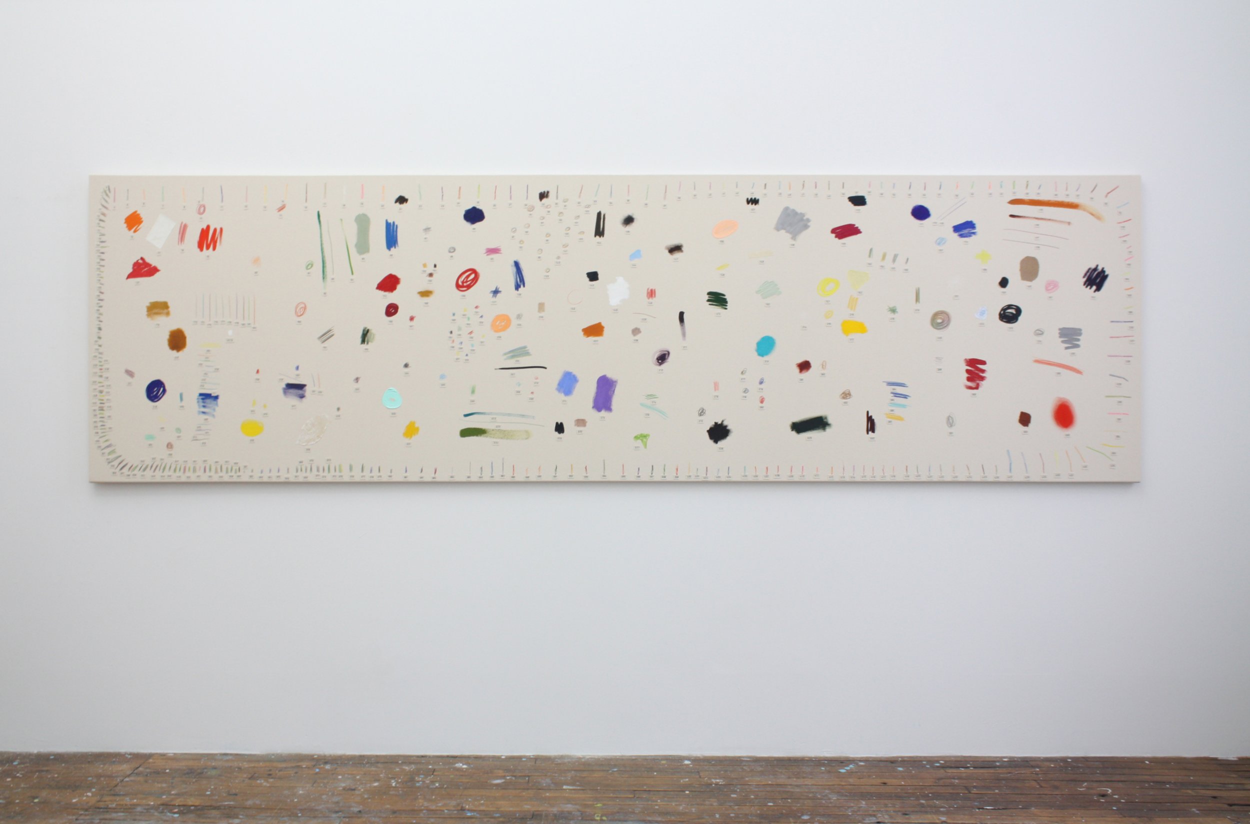 Long horizontal white painting covered with many small colored brushstrokes, marks, and numbered notations distributed across its surface.