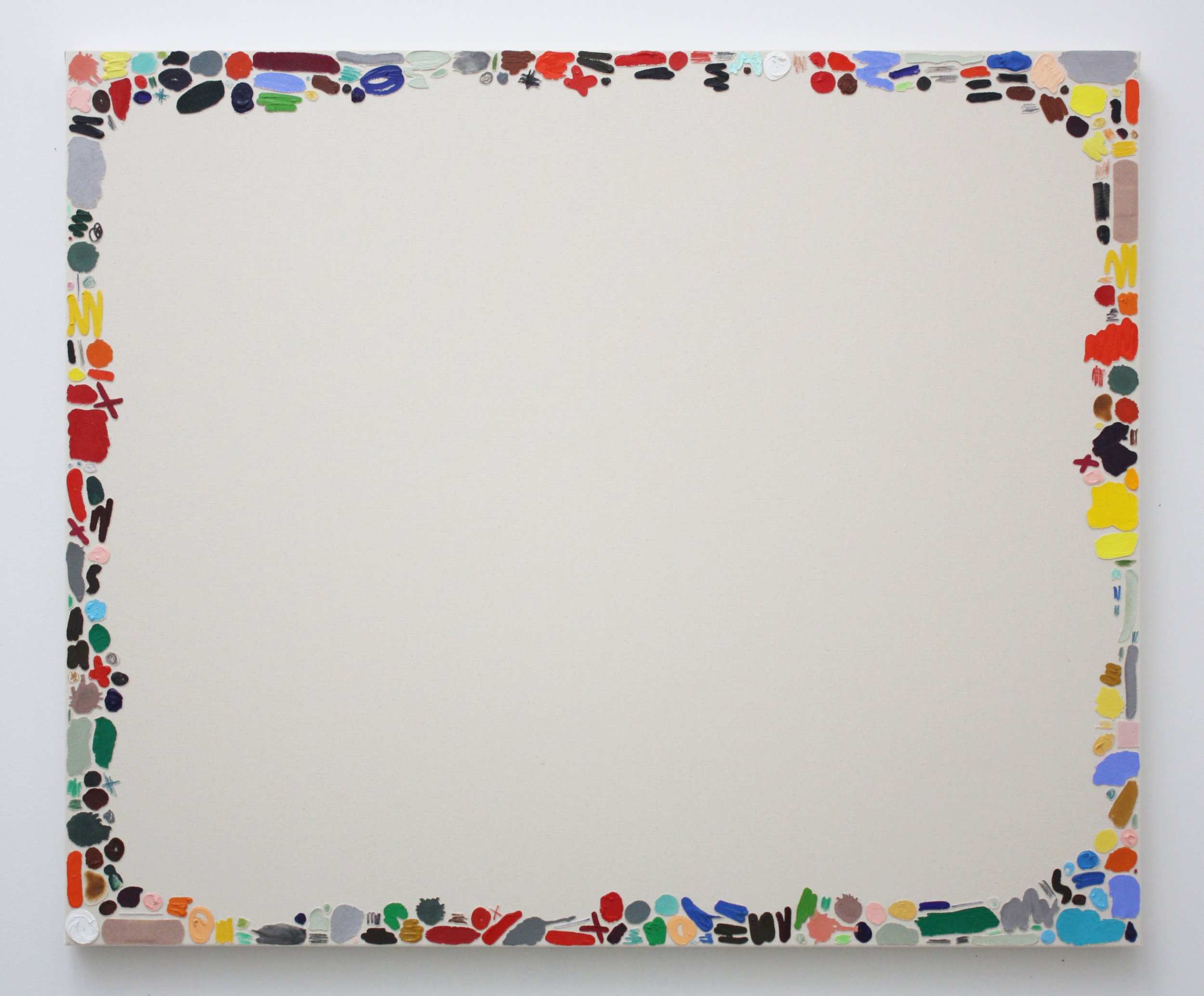 Mostly blank white canvas bordered on all four sides by a dense sequence of colorful painted marks and swatches.